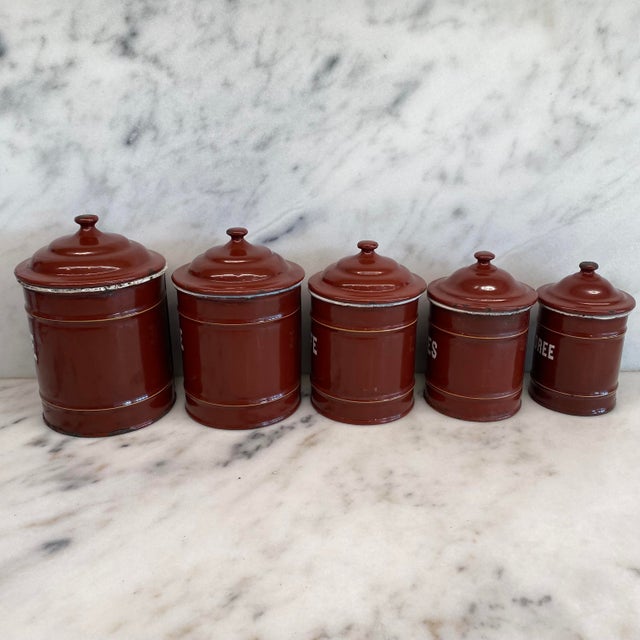 Set of Five French Reddish Brown Enamel Kitchen Canisters With Original Lids For Sale - Image 9 of 18