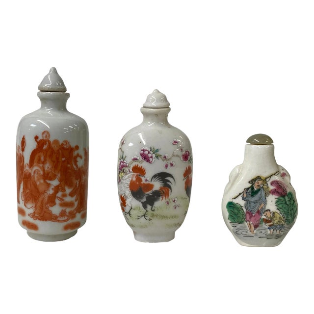 3 X Chinese Porcelain Snuff Bottle Rooster 18 Lohons Fishing Graphic For Sale