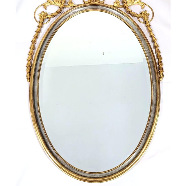 Share Vintage Italian 20th C Carved Wood Parcel Gilt & Silver Oval Wall Mirror For Sale - Image 9 of 15