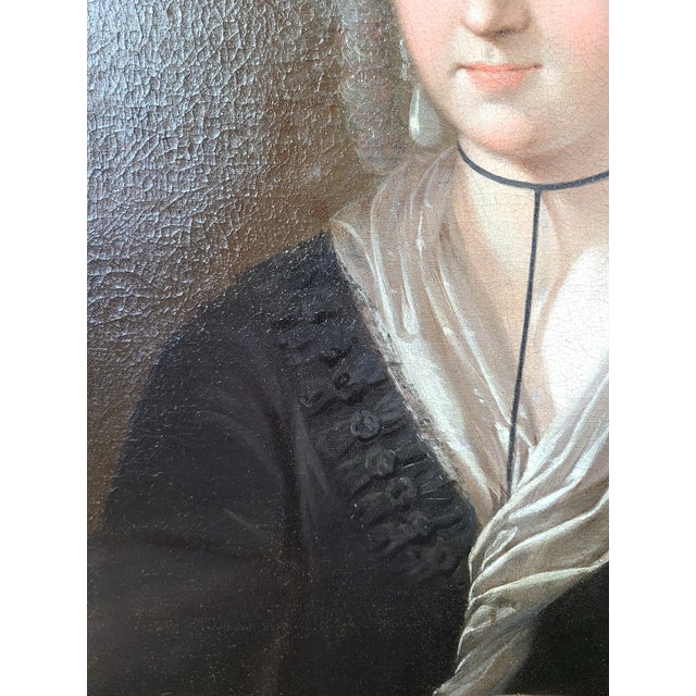 Antique 18th Century Oil Painting Portrait of a Lady in Pearl Earrings For Sale In Los Angeles - Image 6 of 12