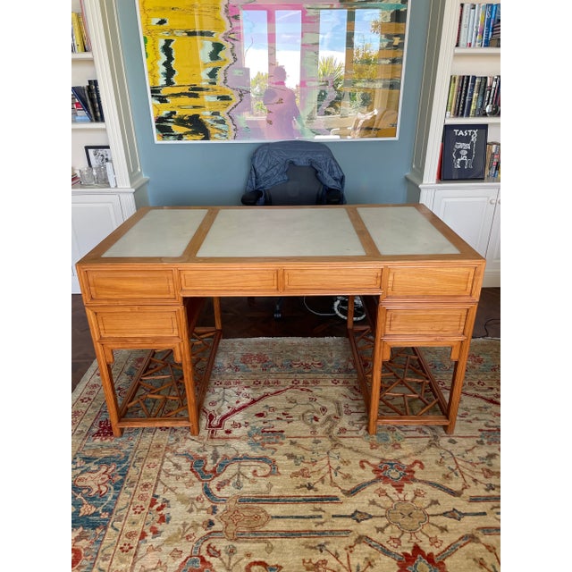 Chinoiserie Antique Chinese Elm Desk With Inlaid White Marble Top For Sale - Image 3 of 6