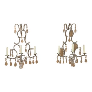 Vintage Dennis & Leen Style French Louis XIV Crystal Beaded Wall Sconces - Pair For Sale