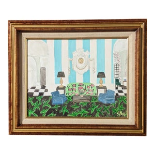 Original Fauvist Style Greenbrier Resort Hotel Lobby Interior Painting Signed For Sale
