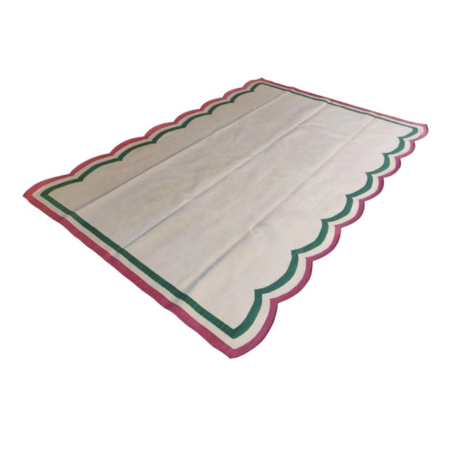 Handmade Cotton Scalloped Rug, Cream with Green and Raspberry Border 8'x10' For Sale