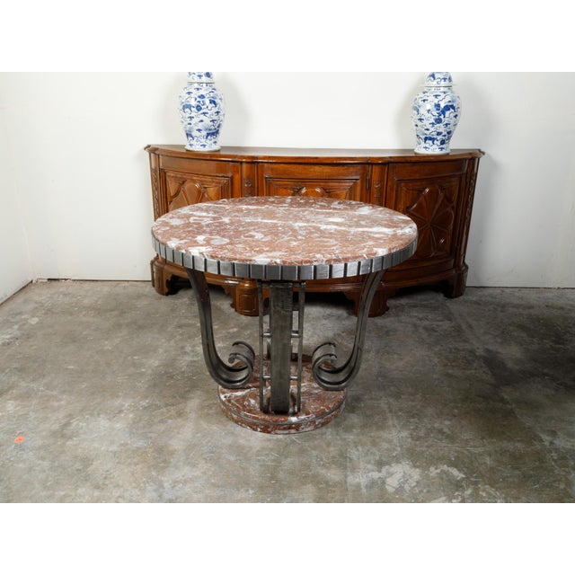 Raymond Subes French Art Deco Wrought-Iron and Red Marble Center Table, Circa 1920 For Sale - Image 4 of 11