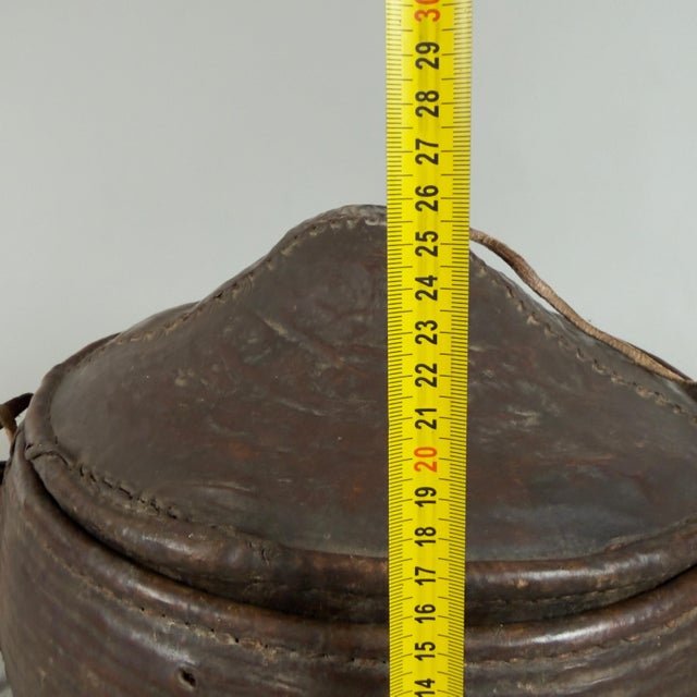 Early 20th Century African Tribal Nomadic Rattan Leather Container Basket with Lid For Sale - Image 10 of 11
