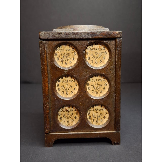 Antique Arcade Cast Iron World Times Clock Still Bank Original Paper Insert C. 1910 For Sale - Image 4 of 15