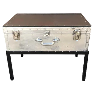 Early 20th Century Japanese Post War Aluminum Riveted Trunk on Iron Stand With Glass Top, Restored
