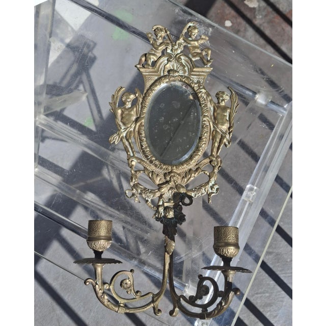 19thc French Louis XVI Gilt Bronze Mirrored Wall Sconce Cherub Detail. Very ornate. Original candle form.