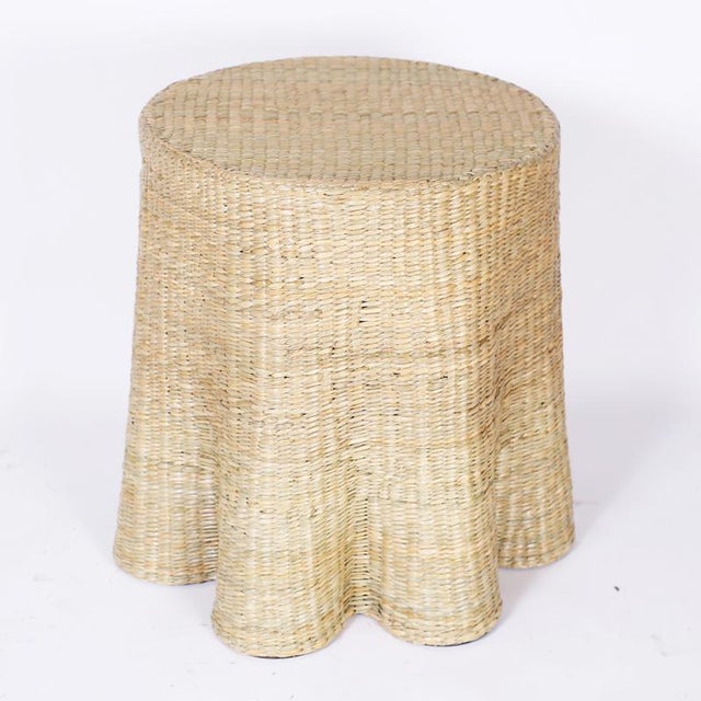 A chic pair of hand made wicker drapery ghost stands crafted in woven reed over a sturdy metal frame with the highest...