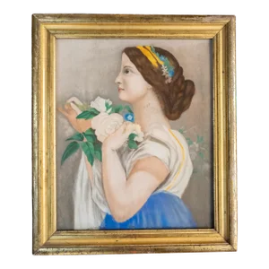 Mid-Century Modern Pastel Portrait Painting of a Lady in Lemon Gold Frame