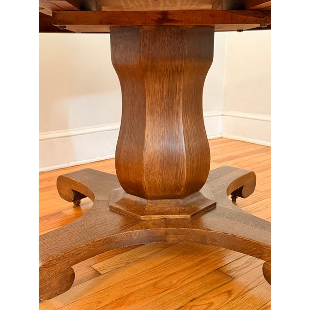 Antique Arts & Crafts Tiger Oak Dining Table on Pedestal Base With 54" Round Top For Sale - Image 6 of 9