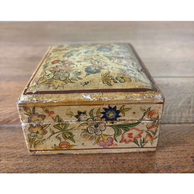 Light Yellow Antique Wood and Gesso Hand Painted Floral Box For Sale - Image 8 of 10