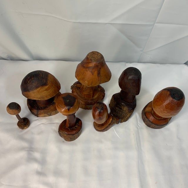 1970s Set of 7 Hand Carved Folk Art Mushrooms For Sale - Image 5 of 10