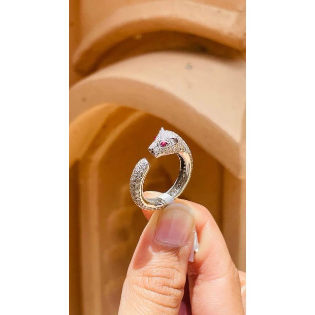 Cluster Diamond Panther Ring With Ruby Gemstone Eyes in 18k Solid White Gold For Sale - Image 4 of 16