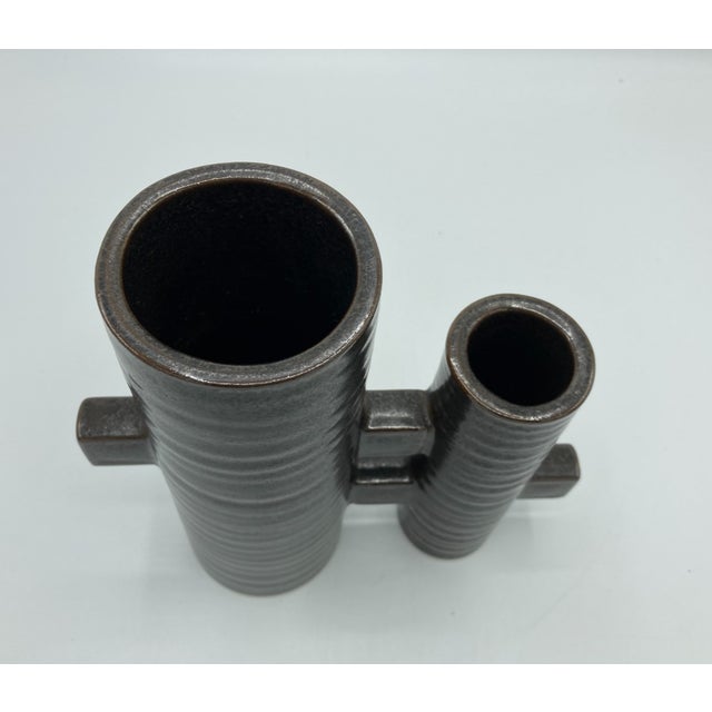Vintage Double Cylinder Ceramic Japanese Ikebana Vase 7 1/4" Tall For Sale In San Francisco - Image 6 of 7