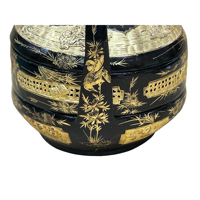 Asian Vintage Oriental Black Golden Graphic Stack Wedding Basket Display For Sale - Image 3 of 17