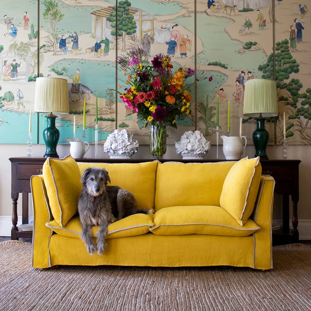 English Sophie Conran Coco 2.5 Seater Sofa with Contrast Welt Knife Edge Cushion in Designers Guild Brera Lino Ochre For Sale - Image 3 of 8