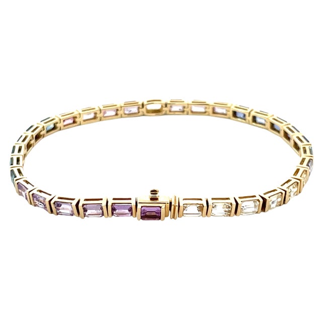 14k Yellow Gold Tennis Bracelet With Rainbow Sapphires and Diamonds For Sale - Image 4 of 12