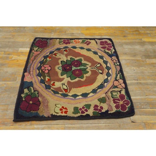 Antique American hooked rug. Measures: 2'11" x 3'3". Antique American Hooked Rug American Floral, Medallion 1930s, Circa...
