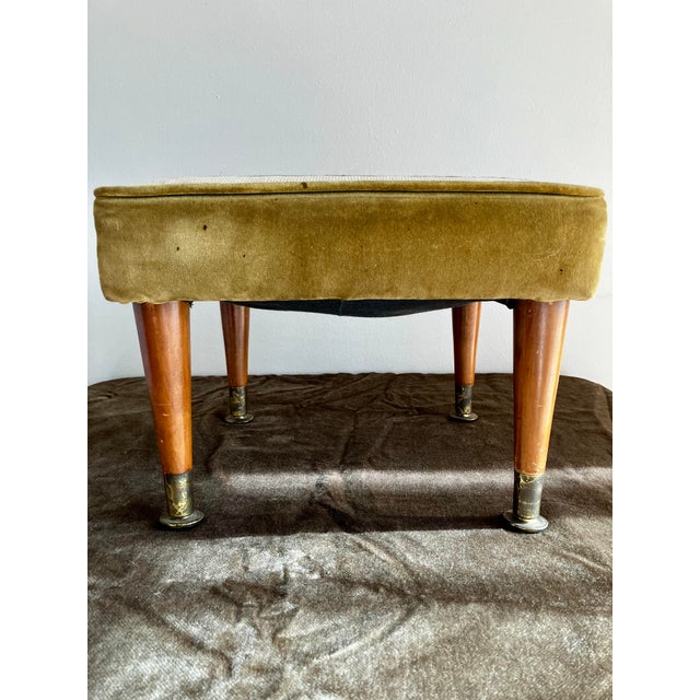 Mid-Century Modern Needlepoint & Chartreuse Velvet Footstool — Vintage Square Ottoman With Tapered Walnut Legs and Brass Ferrule Accents For Sale - Image 10 of 18