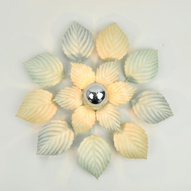 Vintage Pastel Flush Mount or Wall Sconce Leafs Green Peach Light Blue | Mid Century Hollywood Regency Ceiling Lamp Toleware Retro 1980s For Sale - Image 6 of 10