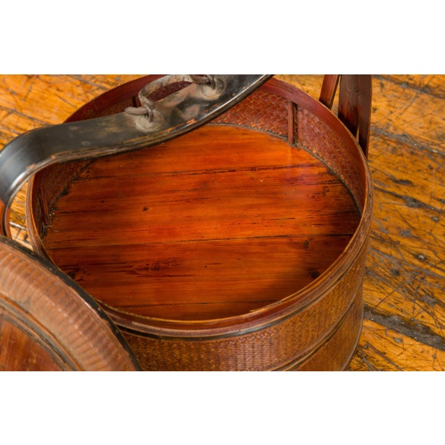 Antique Chinese Rattan Tiered Lunch Box with Carved Handle and Calligraphy For Sale - Image 9 of 12