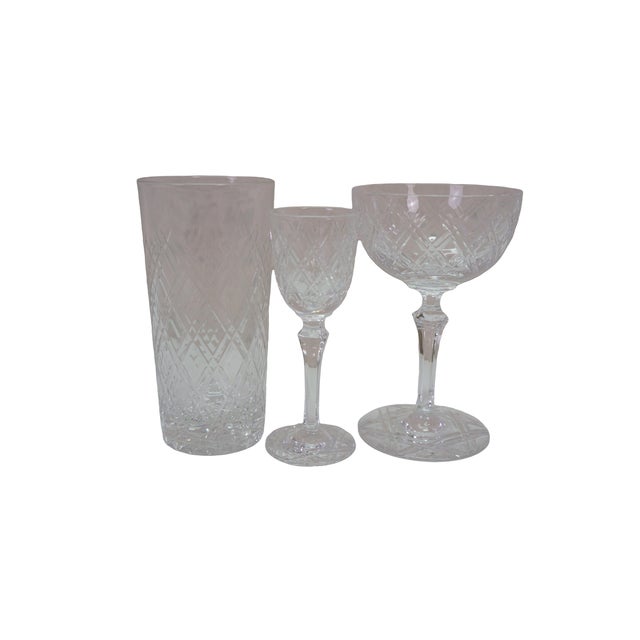 Art Deco Antique Cut Crystal Stemware Wine Water Goblets Champagne Flutes Cordials - 71 pcs For Sale - Image 3 of 18