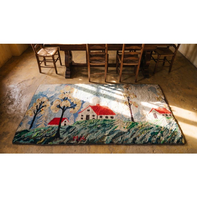 Charming and Sweet Folk Art Farm and Cabin Design Antique American Hooked Rug For Sale - Image 13 of 14