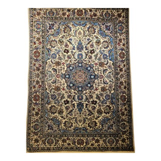 Vintage Tabriz Area Rug, Handwoven Wool, Floral Pattern, Ivory & Blue, 6’ X 8’ For Sale