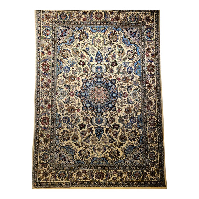 Vintage Tabriz Area Rug, Handwoven Wool, Floral Pattern, Ivory & Blue, 6’ X 8’ For Sale