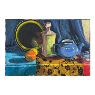 Vintage Expressionist Still Life With Teapot, Orange, and Mirror, Framed (C. 1980, Oil on Canvas) For Sale