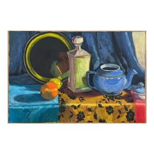 Vintage Expressionist Still Life With Teapot, Orange, and Mirror, Framed (C. 1980, Oil on Canvas)