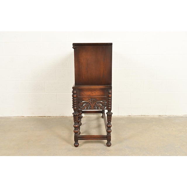 Lifetime Furniture Antique English Jacobean Carved Oak Drop Front Secretary Desk, Circa 1920s For Sale - Image 13 of 16