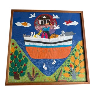 Vintage Folk Art Noah’s Ark Embroidered Textile Wall Art For Sale