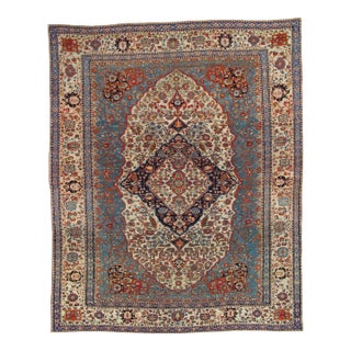 Antique Persian Mohtasham Kashan Carpet, Ivory ground, Ivory Border, Blue, Green For Sale