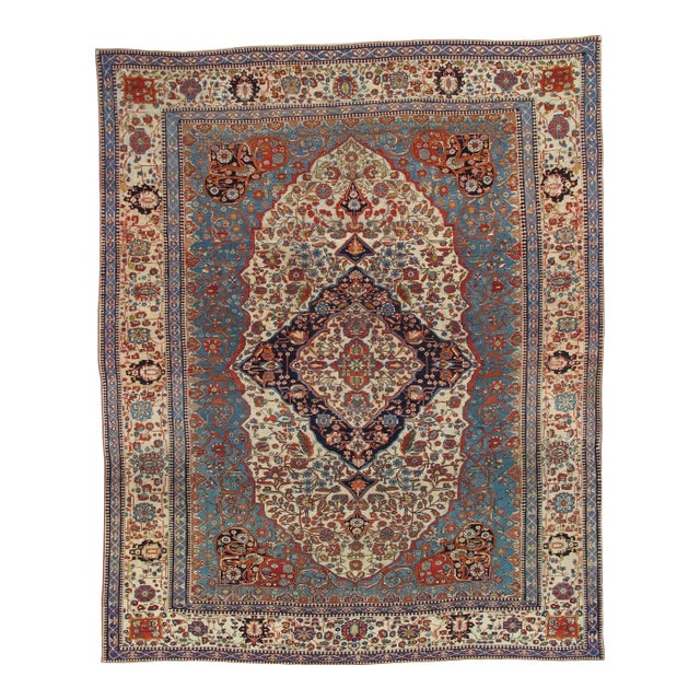 Antique Persian Mohtasham Kashan Carpet, Ivory ground, Ivory Border, Blue, Green For Sale
