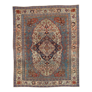 Antique Persian Mohtasham Kashan Carpet, Ivory ground, Ivory Border, Blue, Green
