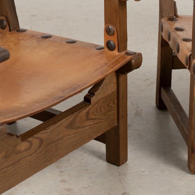 Pair of Mid-Century Spanish Brutalist Cognac Leather Arm Chairs For Sale - Image 14 of 17