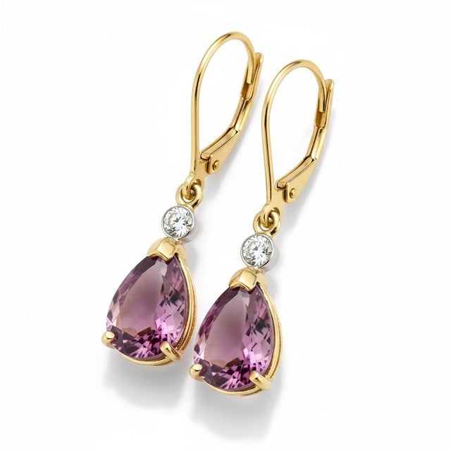 Pink 14k Yellow Gold Lever Back Hoop Earrings With Pink Topaz & Diamond Accents, A Pair For Sale - Image 8 of 8