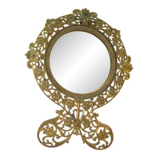 Late 19th Century Beveled Glass Mirror Gold Gilt Pierced Antique Aesthetic Movement, Victorian Table Wall Gilded Cast Iron Reticulated For Sale