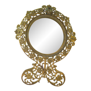 Late 19th Century Beveled Glass Mirror Gold Gilt Pierced Antique Aesthetic Movement, Victorian Table Wall Gilded Cast Iron Reticulated