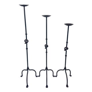 Hand Forged Iron Candelabra Set of 3 (82-101cm) Antique Copper Finish Knotted Stem with Arched Base For Sale