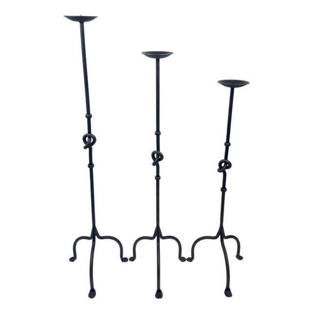 Hand Forged Iron Candelabra Set of 3 (82-101cm) Antique Copper Finish Knotted Stem with Arched Base For Sale