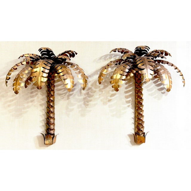 Gold Pair of Maison Jansen Gilt Metal Palm Tree Sconces, France, 20th Century For Sale - Image 8 of 15