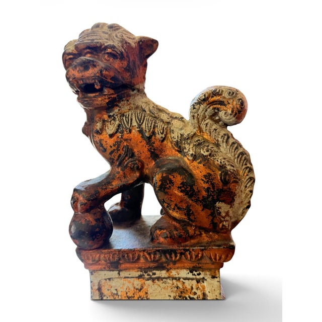 Pair of Vintage Japanese Cast Metal Guardian Lion Foo Dog Sculptures For Sale In Miami - Image 6 of 6