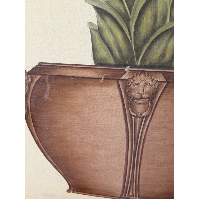 Monumental pair of tropical botanical wall panels featuring hand-painted palms in classical urn planters. These large-...