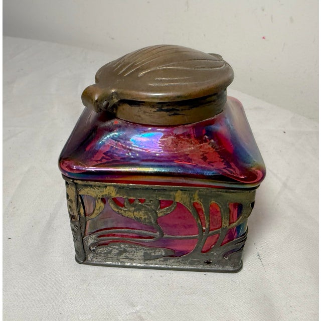 Antique Carl Stolzle Austrian Art Nouveau Red Glass Bronze Writing Inkwell Jar For Sale - Image 10 of 18
