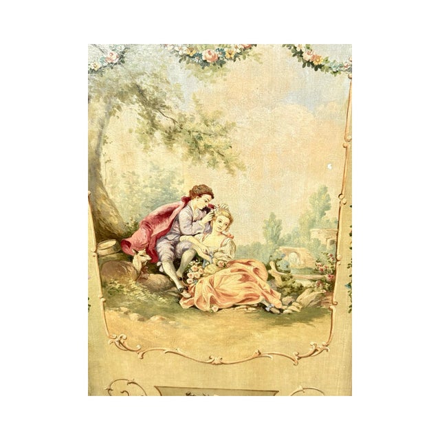 Wood Antique French Louis XV Hand-Painted Canvas Three-Panel Screen / Room Divider For Sale - Image 7 of 10