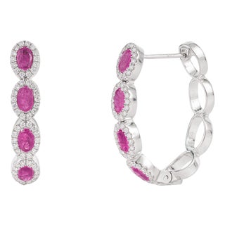 Contemporary 14k Gold Natural 2.02ct Ruby & Diamond Halo Hoop Earrings- 2 Pieces For Sale